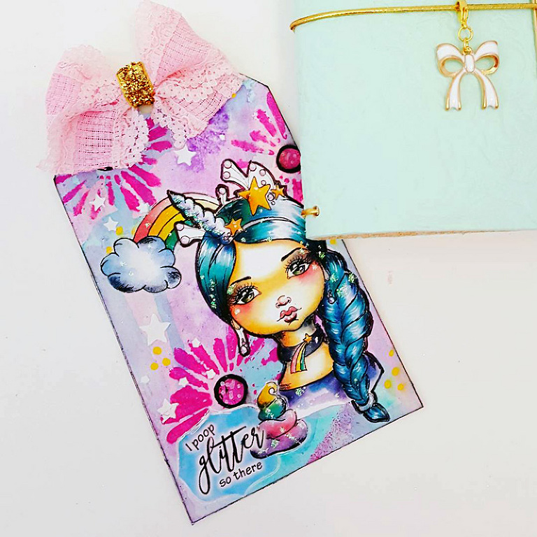 Crafted Tag Unicorn Girl using Cre8tive Cre8tions Designs Clearstamps and Printables by Andrea Gomoll